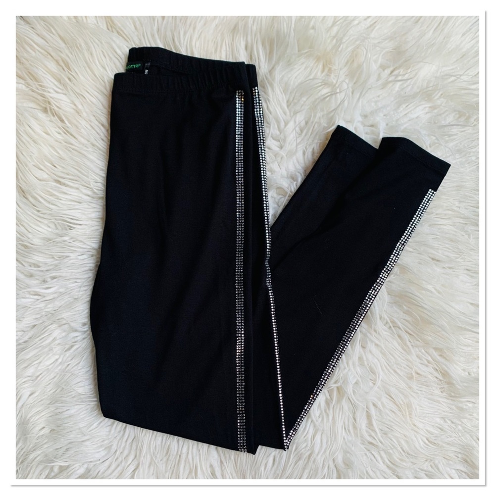 NWT Tricotto Rhinestone Side Stripe Leggings Black Silver Size Medium